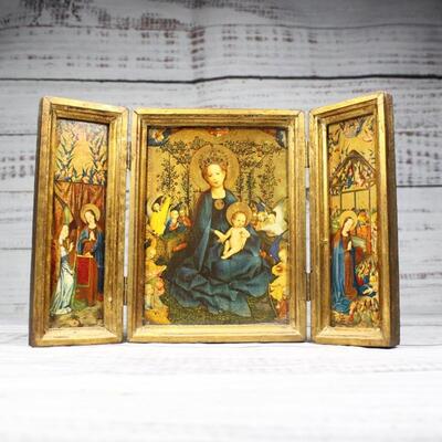Vintage Miniature Triptych Madonna of the Rose Bower Replica