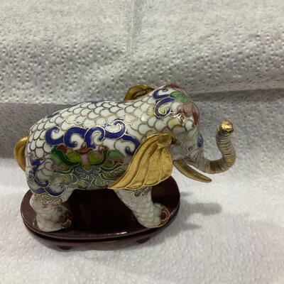 Small Cloisonné Elephant on wood stand