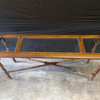 LOT#F18: Faux Rattan Lane Hall Table with Glass Inserts