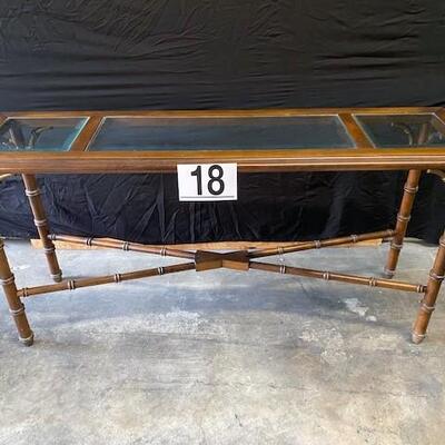 LOT#F18: Faux Rattan Lane Hall Table with Glass Inserts