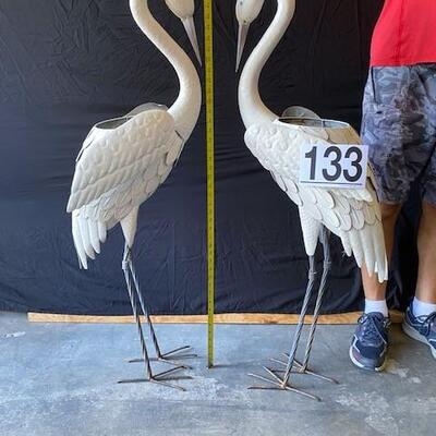LOT#G133: Pair of Large Metal Egret Planters