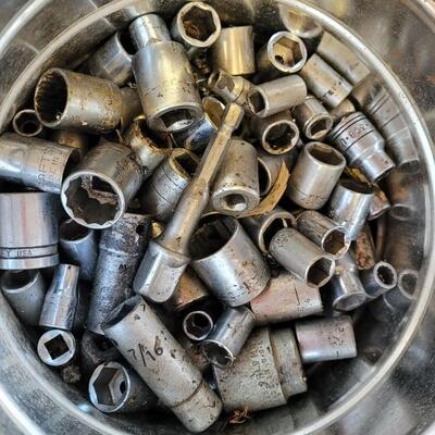 Lot 218: Coffee Can 1/2 Full of Small Assorted Sockets