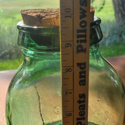Lot 229: Green Jar with Cork Top & Glass Green Speckled Pitcher 