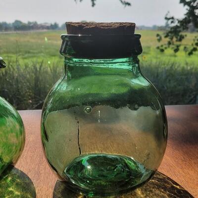 Lot 229: Green Jar with Cork Top & Glass Green Speckled Pitcher 