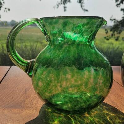 Lot 229: Green Jar with Cork Top & Glass Green Speckled Pitcher 