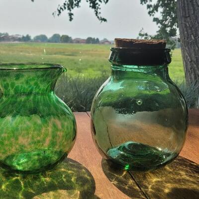 Lot 229: Green Jar with Cork Top & Glass Green Speckled Pitcher 