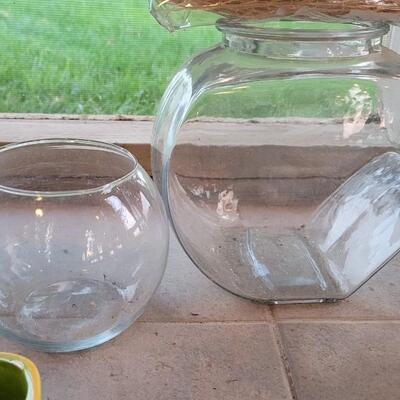 Lot 235: Beach Theme Deco- Pottery Barn Table Runner,  Matching Ceramic Plate/Bowl/Pail, Rocks Fish Bowls and Candleholder 