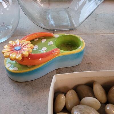 Lot 235: Beach Theme Deco- Pottery Barn Table Runner,  Matching Ceramic Plate/Bowl/Pail, Rocks Fish Bowls and Candleholder 