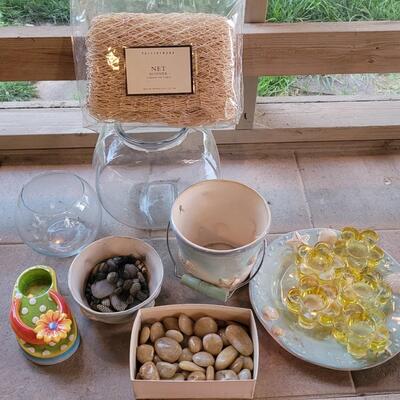 Lot 235: Beach Theme Deco- Pottery Barn Table Runner,  Matching Ceramic Plate/Bowl/Pail, Rocks Fish Bowls and Candleholder 