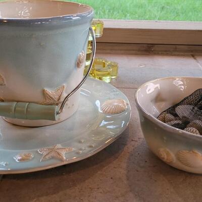 Lot 235: Beach Theme Deco- Pottery Barn Table Runner,  Matching Ceramic Plate/Bowl/Pail, Rocks Fish Bowls and Candleholder 