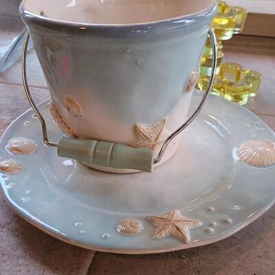 Lot 235: Beach Theme Deco- Pottery Barn Table Runner,  Matching Ceramic Plate/Bowl/Pail, Rocks Fish Bowls and Candleholder 