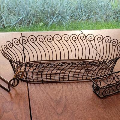 Lot 246: Black Metal Swirl Large Basket, Picture/Plate Holders and Rectangle Basket