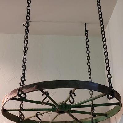Lot 257: Antique Green Chippy Wagon Wheel Pots & Pans Hanging Holder 