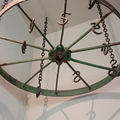 Lot 257: Antique Green Chippy Wagon Wheel Pots & Pans Hanging Holder 