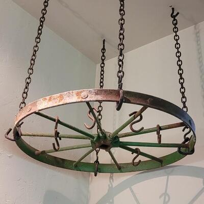 Lot 257: Antique Green Chippy Wagon Wheel Pots & Pans Hanging Holder 
