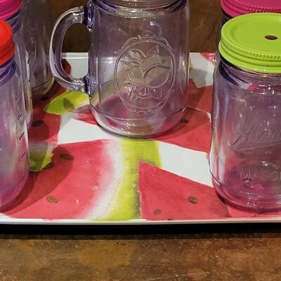 Lot 270: Watermelon Tray & Plastic Mason Jar Cups with Lids