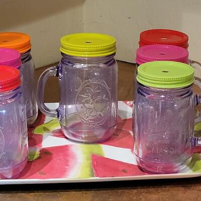 Lot 270: Watermelon Tray & Plastic Mason Jar Cups with Lids