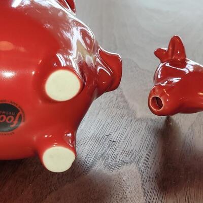 Lot 279: (4) Yellow Cannisters with Pigs, Red Cow Creamer and Red Pig Mug