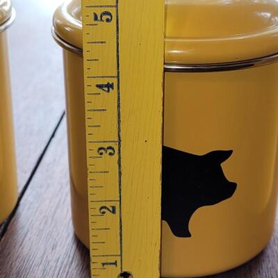 Lot 279: (4) Yellow Cannisters with Pigs, Red Cow Creamer and Red Pig Mug