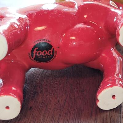 Lot 279: (4) Yellow Cannisters with Pigs, Red Cow Creamer and Red Pig Mug