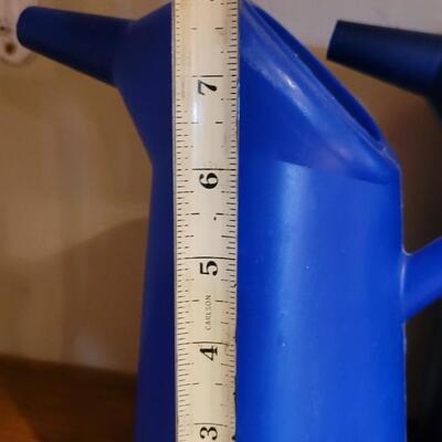 Lot 291: (2) Plastic Blue Water Cans & Glass Pitcher