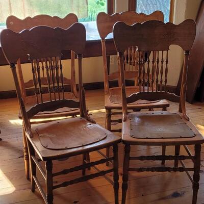 Lot 295: (4) Antique Chairs with Leather Seats (one has tape on leather seat)