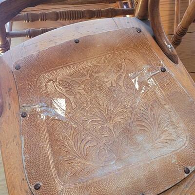 Lot 295: (4) Antique Chairs with Leather Seats (one has tape on leather seat)