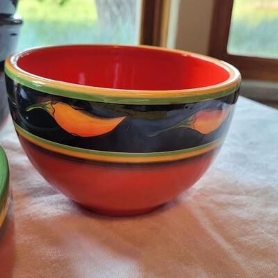 Lot 304: Clay Art and Chili Pepper Dishes, 2 unmarked Black Plates & Bowl  & 3 Napkins