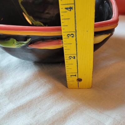 Lot 304: Clay Art and Chili Pepper Dishes, 2 unmarked Black Plates & Bowl  & 3 Napkins
