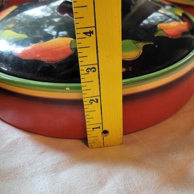Lot 304: Clay Art and Chili Pepper Dishes, 2 unmarked Black Plates & Bowl  & 3 Napkins