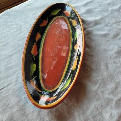 Lot 304: Clay Art and Chili Pepper Dishes, 2 unmarked Black Plates & Bowl  & 3 Napkins