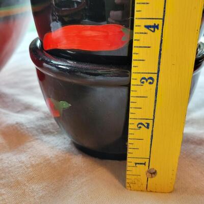 Lot 304: Clay Art and Chili Pepper Dishes, 2 unmarked Black Plates & Bowl  & 3 Napkins