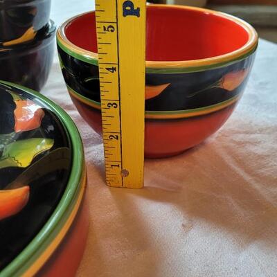 Lot 304: Clay Art and Chili Pepper Dishes, 2 unmarked Black Plates & Bowl  & 3 Napkins