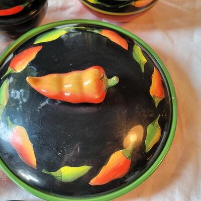 Lot 304: Clay Art and Chili Pepper Dishes, 2 unmarked Black Plates & Bowl  & 3 Napkins