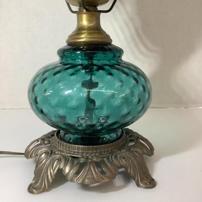 D - 166. Antique Blue Glass Thumb Print with Ruffled Edge, Metal Base Lamp