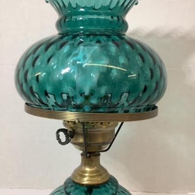 D - 166. Antique Blue Glass Thumb Print with Ruffled Edge, Metal Base Lamp