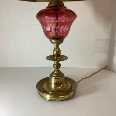 D - 167. Antique Etched Cranberry Glass, Brass Candlestick Base Lamp 
