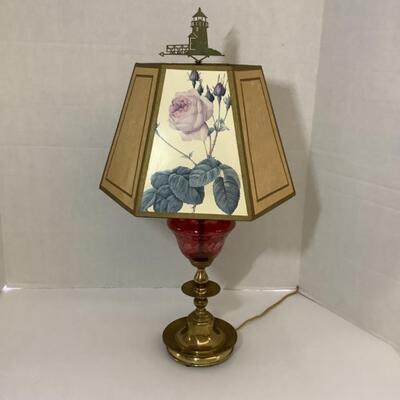 D - 167. Antique Etched Cranberry Glass, Brass Candlestick Base Lamp 