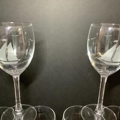 D - 175. Set of Six Etched Glass ( Sailboats& Seagulls ) Wine Glasses  & Carved Wooden Box