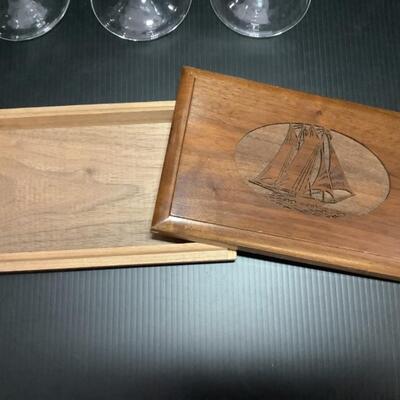 D - 175. Set of Six Etched Glass ( Sailboats& Seagulls ) Wine Glasses  & Carved Wooden Box