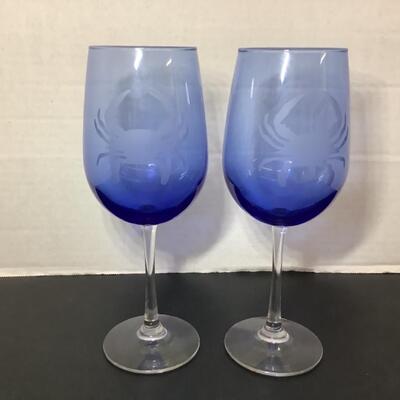 D - 176. Pair of Etched Blue Glass Wine Glasses & Crab Salt/Pepper Shakers 