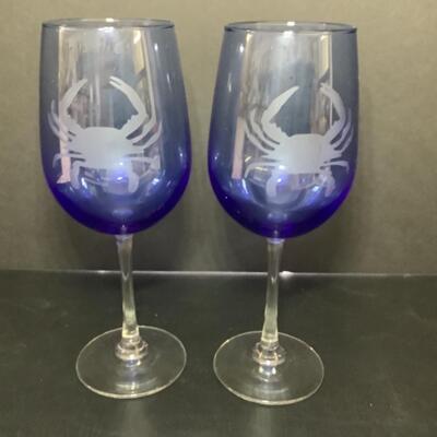 D - 176. Pair of Etched Blue Glass Wine Glasses & Crab Salt/Pepper Shakers 