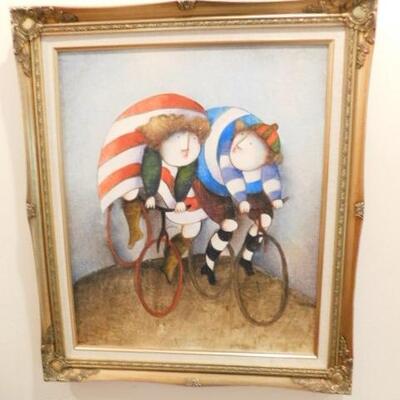 Original Framed Art Bicyclists Signed by Artist 25