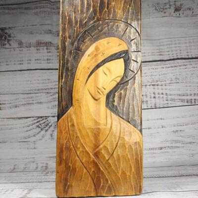 Virgin Mary Carved Wood Panel Wall Decor