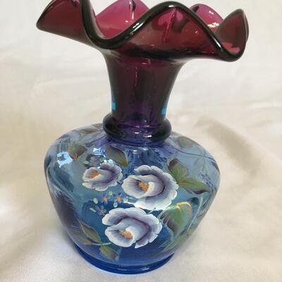 Fenton. Handpainted. Cranberry and Blue