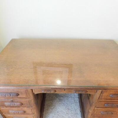 Antique Solid Wood Oak Knee Hole Desk with Protective Glass Top 