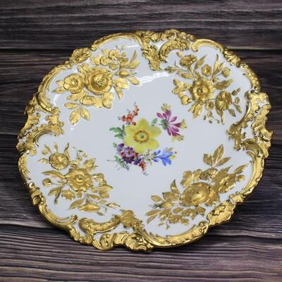 Vintage Meissen Porcelain Plate Gilted Rococo Hand Painted Hollywood Regnecy Gold with Flowers 