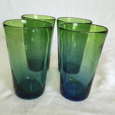 Vintage Blue and Green Hand Blown Glass Drink Glasses/ Tumblers  Set of 4