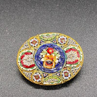 Vintage Micro Mosaic Floral Brooch Pin Italy