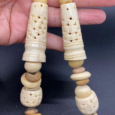 Pair of Vintage Carved Antler Bone Stone Beaded Necklaces